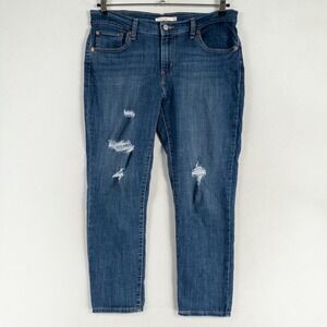 Levis Jeans Womens Sz 30 Blue Medium Wash Boyfriend Distressed Mid Rise Stretch